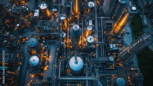 Aerial view of a large industrial complex with numerous tanks, pipes, and structures.