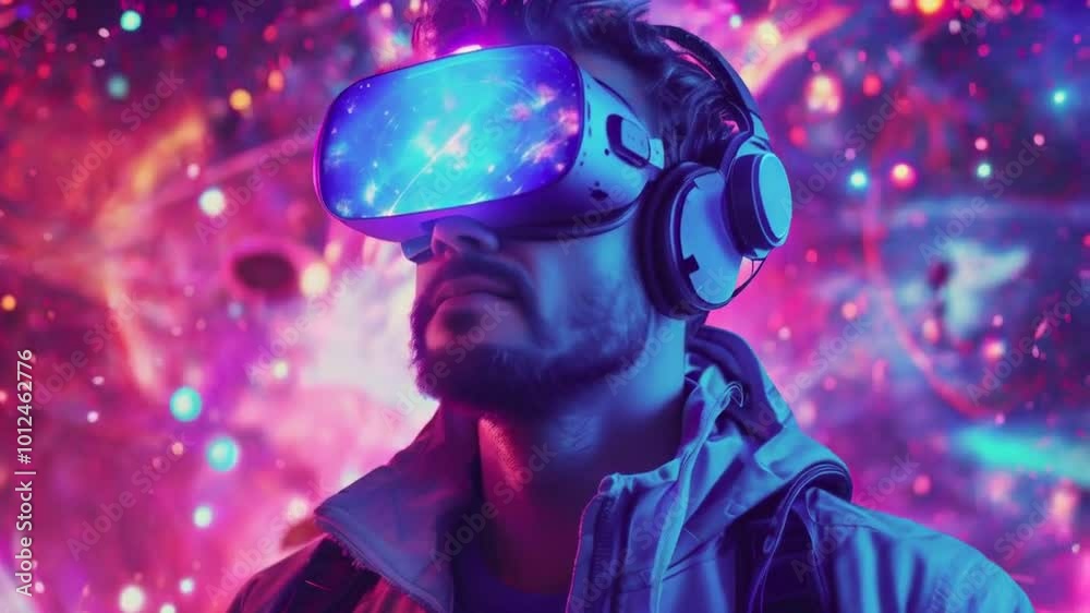 A person wearing a VR headset, immersed in a colorful, cosmic virtual environment. A person wearing a VR headset, immersed in a colorful, cosmic virtual environment.