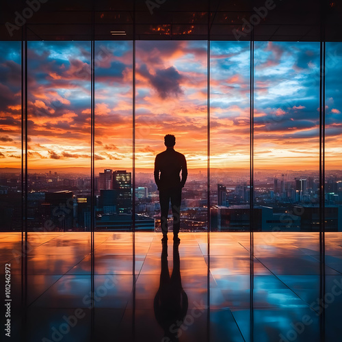 Silhouette of Businessman Admiring Dramatic Sunset Cityscape - Illustration