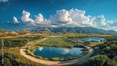 Aerial view of a farm with a pond, green fields, and a white building against a backdrop of mountains and a blue sky with fluffy clouds.