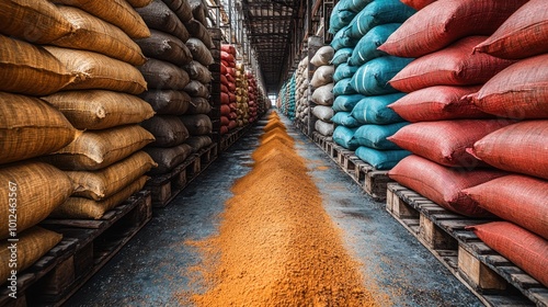 Fototapeta Naklejka Na Ścianę i Meble -  A warehouse aisle filled with stacked burlap sacks of colorful spices, with a trail of spilled orange spice leading to the center.