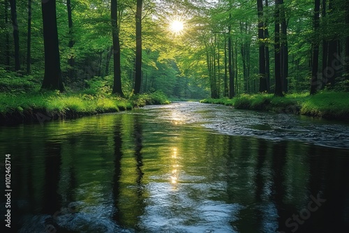 A serene river flows through a lush green forest, with sunlight filtering through the trees and reflecting on the water's surface.