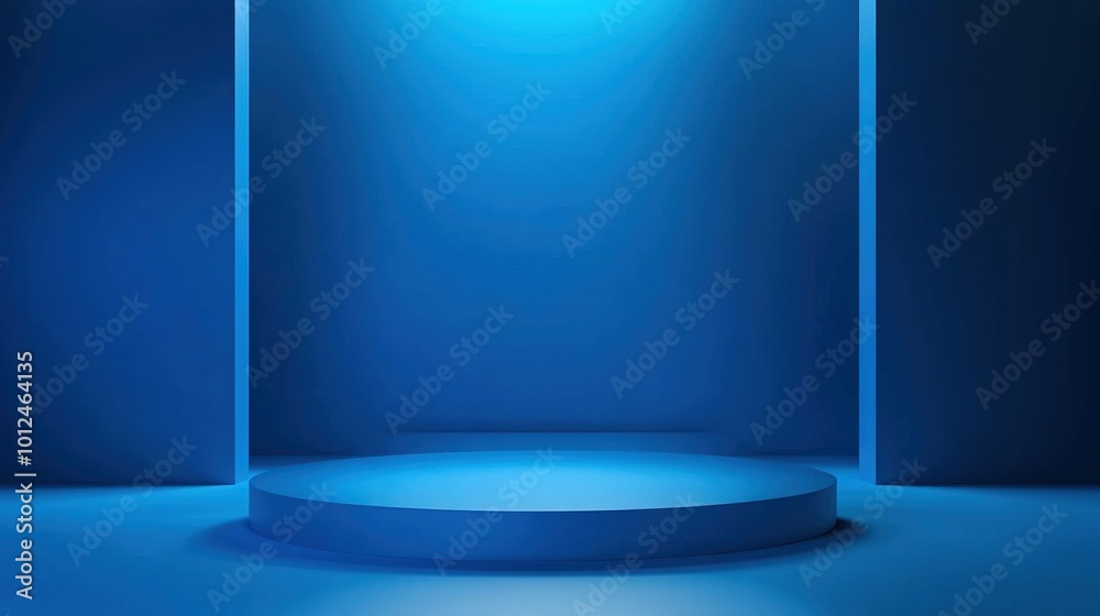 Blue podium mockup. Studio showroom pedestal, fashion showcase mock up scene or exhibition gallery display 3d vector podiums. Product presentation realistic podium or platform illuminated harsh light Blue podium mockup. Studio showroom pedestal, fashion showcase mock up scene or exhibition gallery display 3d vector podiums. Product presentation realistic podium or platform illuminated harsh light