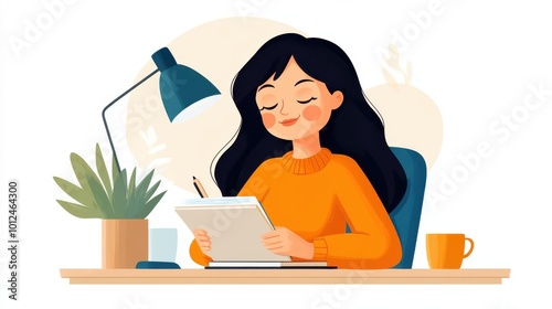 Illustration of a serene woman with dark hair and orange sweater, writing in a journal at a desk with a lamp and plants, portraying tranquility and focus.