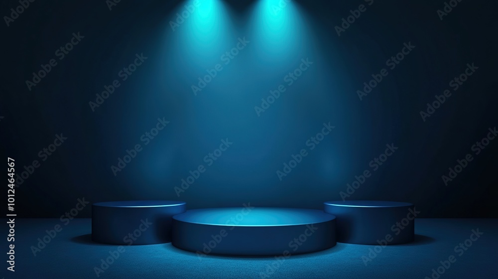 Blue podium mockup. Studio showroom pedestal, fashion showcase mock up scene or exhibition gallery display 3d vector podiums. Product presentation realistic podium or platform illuminated harsh light Blue podium mockup. Studio showroom pedestal, fashion showcase mock up scene or exhibition gallery display 3d vector podiums. Product presentation realistic podium or platform illuminated harsh light