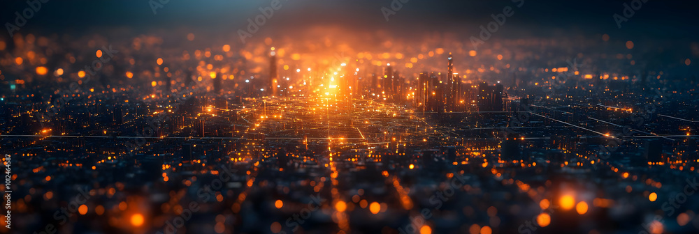 3D Illustration of Networked Cityscape at Night 3D Illustration of Networked Cityscape at Night