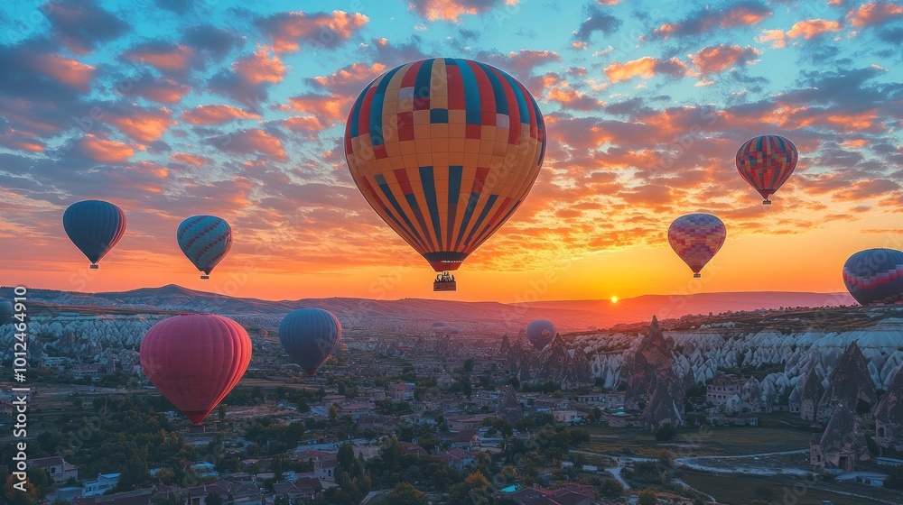 Naklejka premium Colorful hot air balloons soar over a picturesque landscape at sunrise, with a vibrant sky and rolling hills in the background.