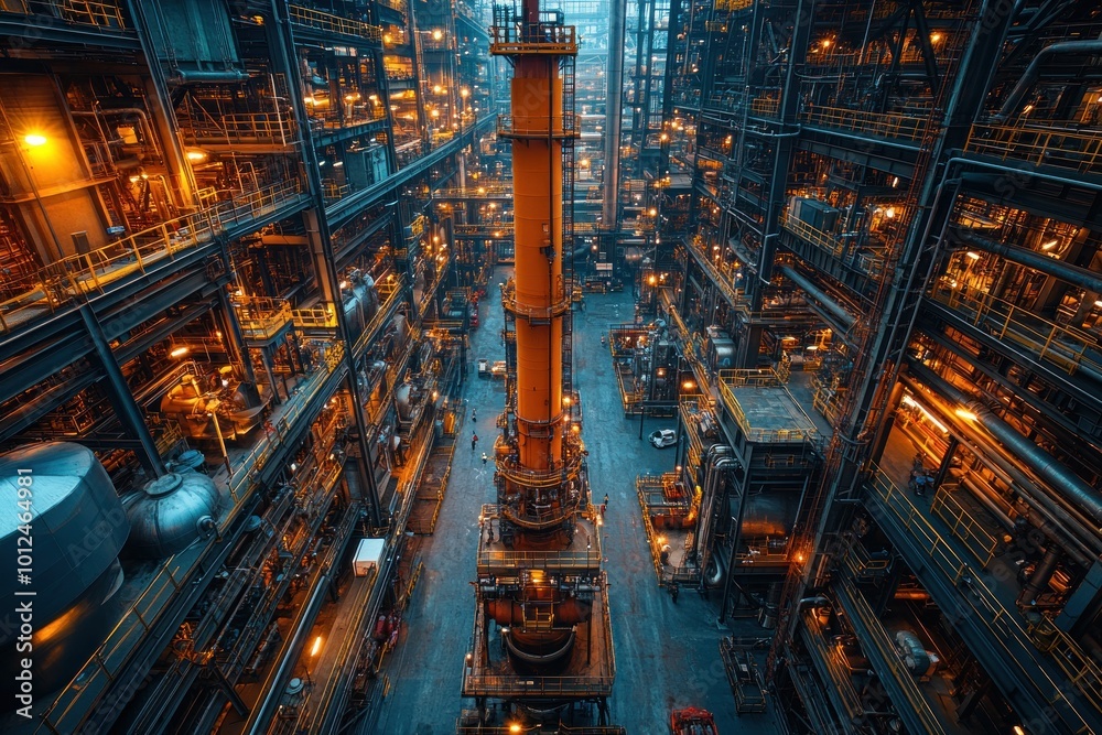 A view from above of a large industrial complex with a tall chimney and numerous pipes and tanks. A view from above of a large industrial complex with a tall chimney and numerous pipes and tanks.