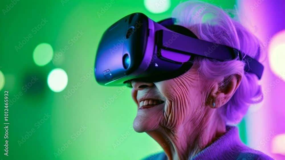 An elderly woman enjoying virtual reality with a joyful expression. An elderly woman enjoying virtual reality with a joyful expression.