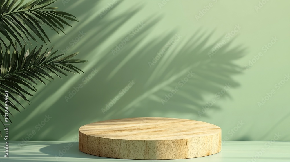 3D wooden podium display with leaf shadow. Copy space green background. Cosmetics or beauty product promotion mockup. Natural stone step pedestal. Trendy minimalist banner, 3D render illustration 3D wooden podium display with leaf shadow. Copy space green background. Cosmetics or beauty product promotion mockup. Natural stone step pedestal. Trendy minimalist banner, 3D render illustration