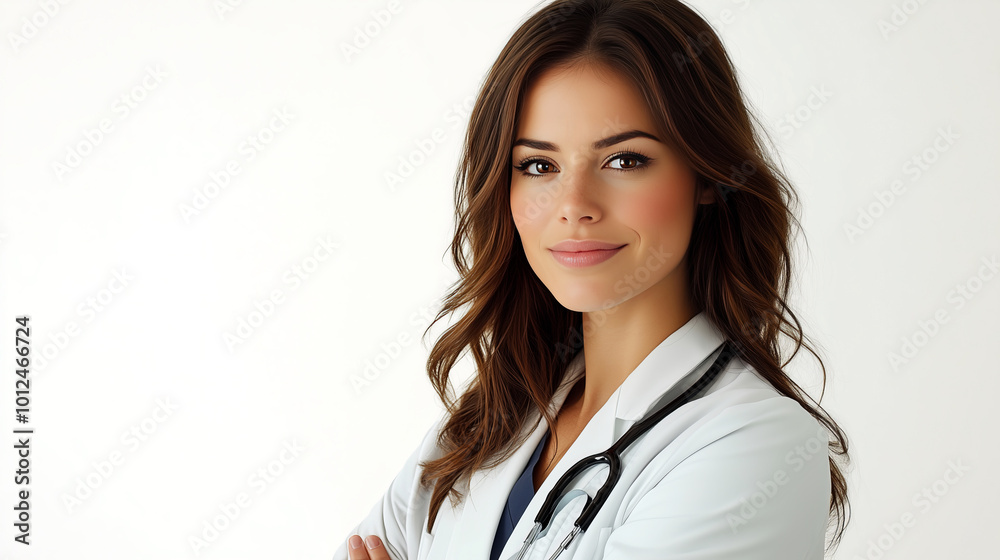 A confident and attractive female doctor with long hair smiles warmly, wearing a white coat and stethoscope. She represents professionalism, healthcare, and expertise in a medical setting.