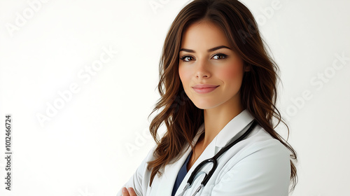 Obraz na płótnie A confident and attractive female doctor with long hair smiles warmly, wearing a white coat and stethoscope. She represents professionalism, healthcare, and expertise in a medical setting. w salonie