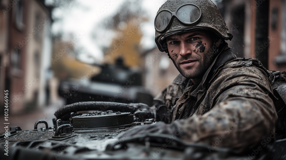 A determined soldier in a muddy uniform, covered in war paint, sits atop a tank, gripping its controls. His intense expression reflects focus and resilience amid a battle setting.