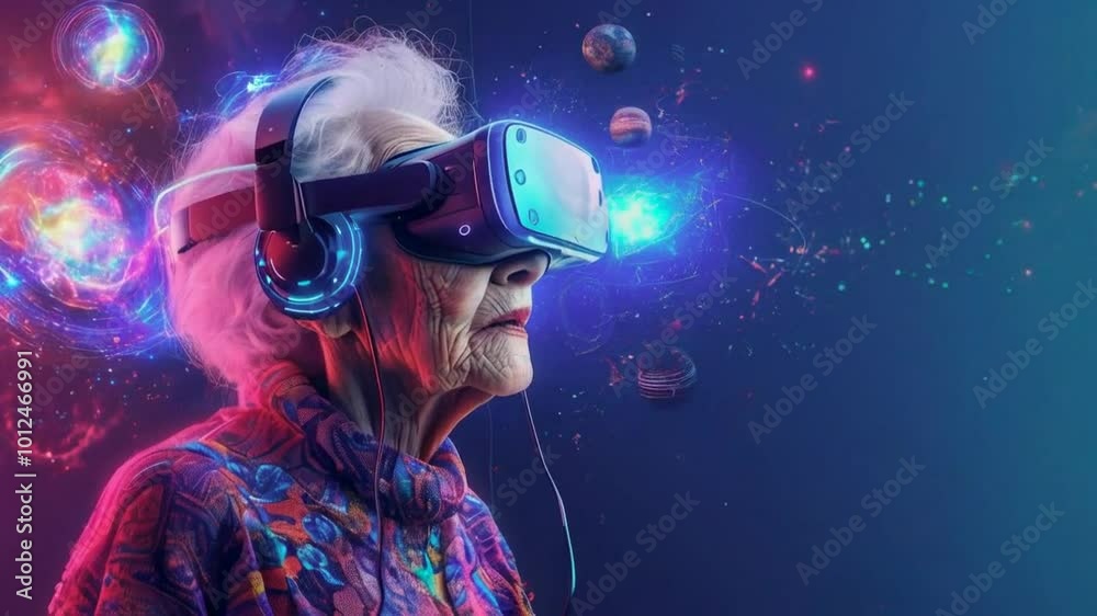 An elderly woman experiences virtual reality with a cosmic background. An elderly woman experiences virtual reality with a cosmic background.