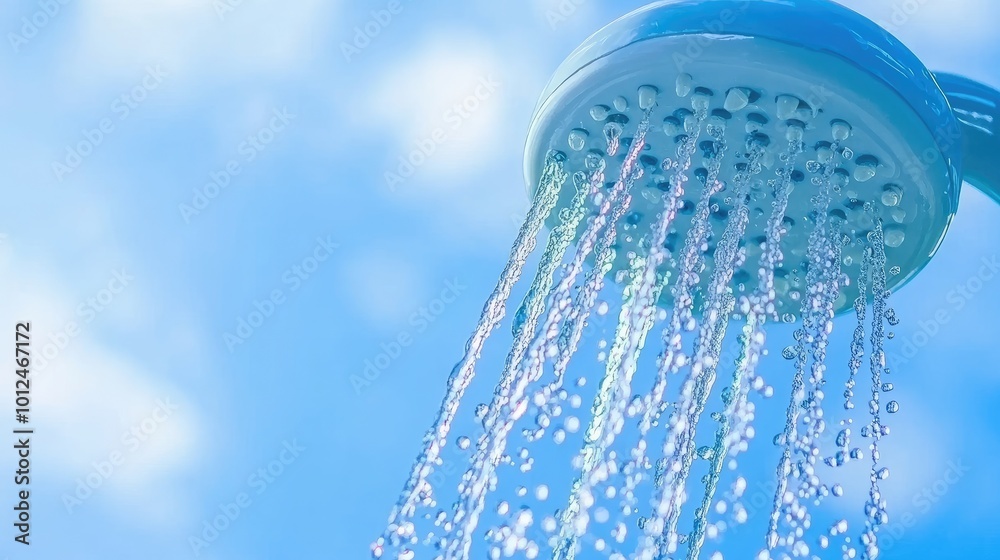 Modern, eco-friendly shower head with water-saving technology, droplets splashing from the nozzle, illustrating clean and efficient water flow. Modern, eco-friendly shower head with water-saving technology, droplets splashing from the nozzle, illustrating clean and efficient water flow.
