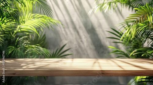 3D render empty fine teak wood table with clear mirror effect reeded glass shower screen and tropical green fan palm plants under sunlight in background for natural products display backdrop