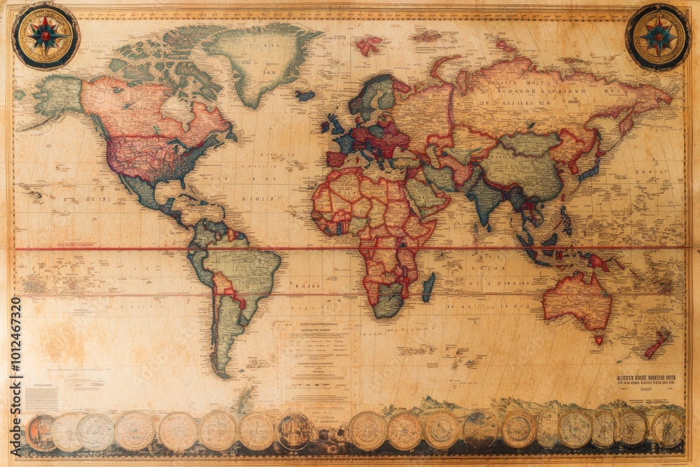 Obraz premium An antique world map with faded colors, showing the continents and countries.