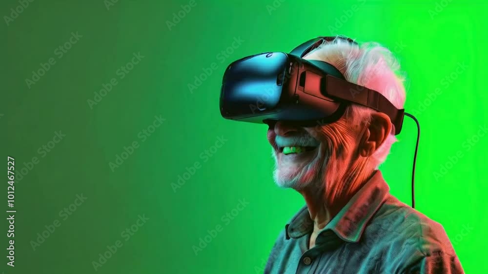 An elderly man enjoying virtual reality with a joyful expression against a colorful background. An elderly man enjoying virtual reality with a joyful expression against a colorful background.