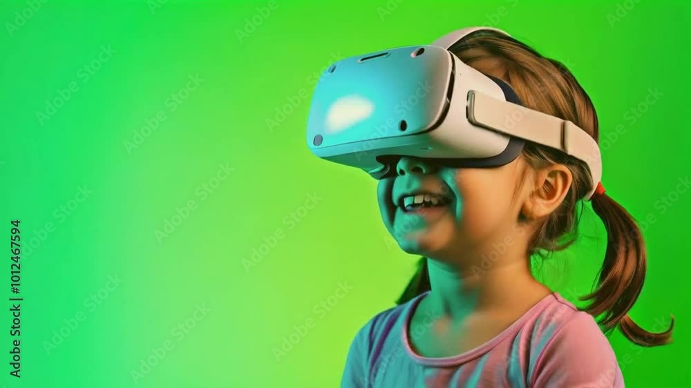 A smiling child wearing a VR headset against a vibrant green background. A smiling child wearing a VR headset against a vibrant green background.