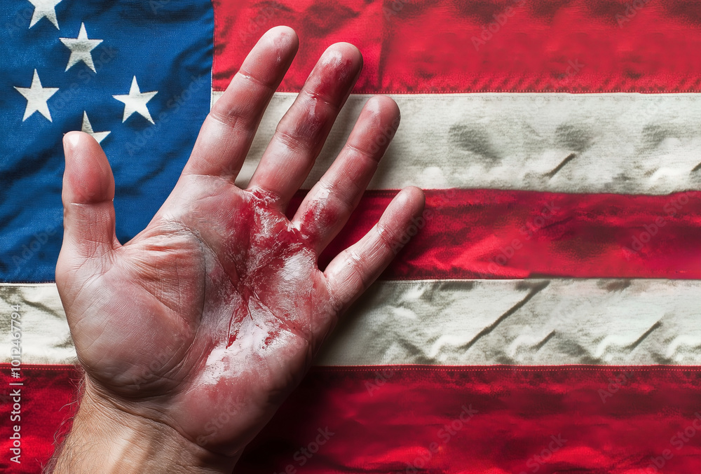 A human hand marked with red, resembling blood, against a backdrop of the American flag, symbolizing political conflict and patriotism.