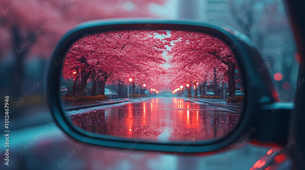A car's rear view mirror shows a street with trees and a wet road A car's rear view mirror shows a street with trees and a wet road