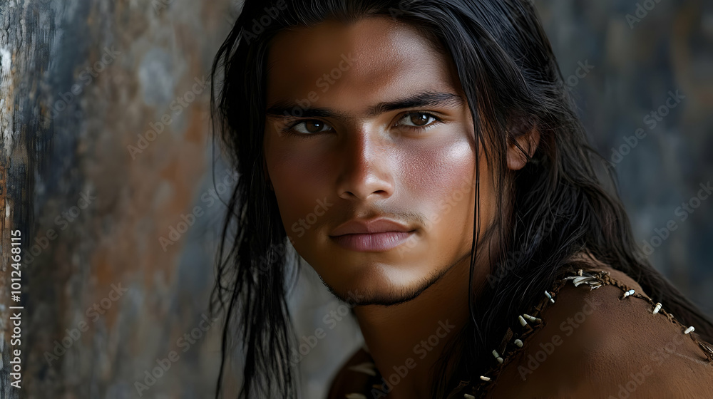 Intense Gaze, Man with Long Hair, Looking Directly into the Camera Intense Gaze, Man with Long Hair, Looking Directly into the Camera