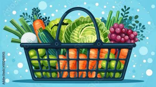 Fresh vegetables in a basket on a blue background