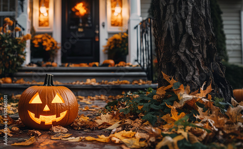 Obraz na płótnie A carved jack-o'-lantern sits on a porch, surrounded by fallen leaves and illuminated by the warm glow of a nearby house w salonie