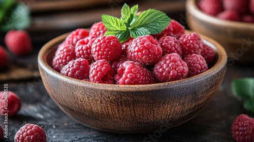 Fresh Raspberries in a Wooden Bowl