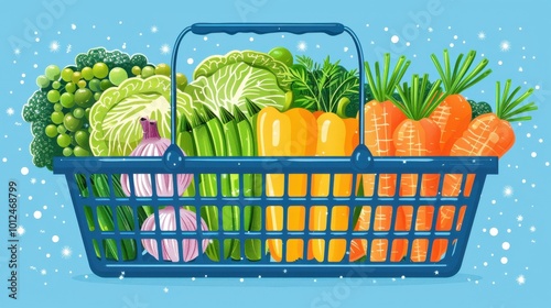 Fresh vegetables in a shopping basket on a blue background