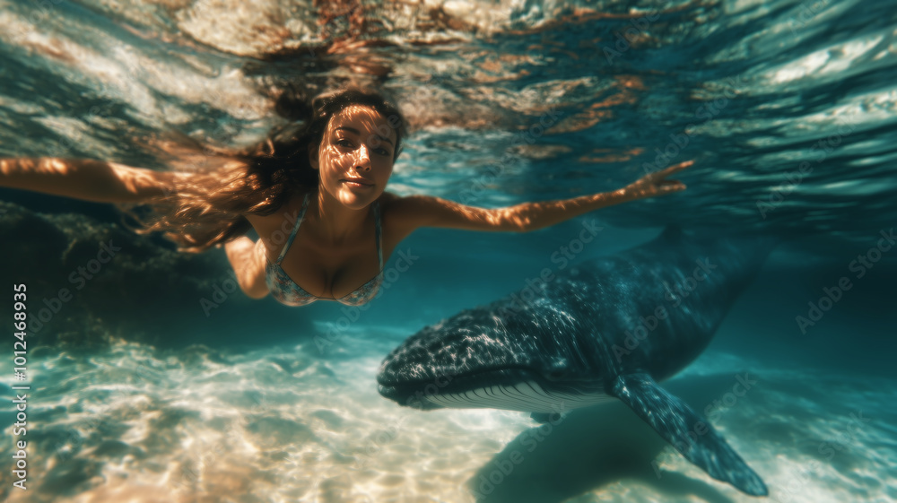 A woman in a bikini gracefully swims underwater alongside a whale, showcasing the beauty of marine life and human interaction. The sunlight streams through the water, creating a magical atmosphere.