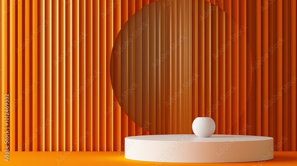 3D orange cylinder podium background with white pedestal in circle window and vertical pattern scene. Minimal mockup product stage showcase, banner promotion display. Abstract vector geometric forms.