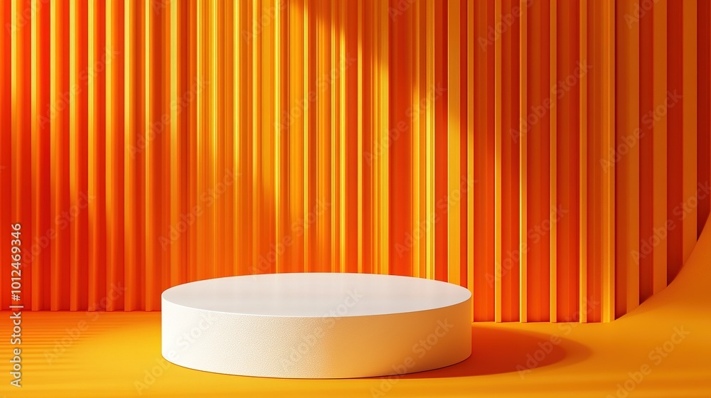 3D orange cylinder podium background with white pedestal in circle window and vertical pattern scene. Minimal mockup product stage showcase, banner promotion display. Abstract vector geometric forms. 3D orange cylinder podium background with white pedestal in circle window and vertical pattern scene. Minimal mockup product stage showcase, banner promotion display. Abstract vector geometric forms.