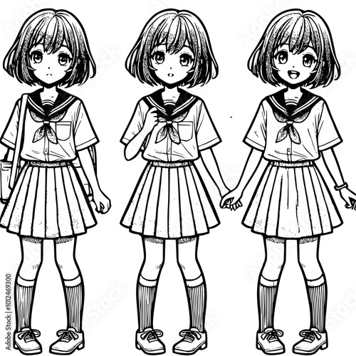 Classic Anime Style: School Girl with Cute Expressions and Poses