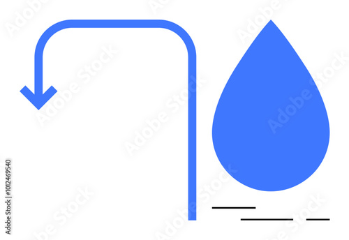 A minimalist design featuring a blue water droplet and a downward arrow. Ideal for water conservation, environmental themes, clean design, educational materials, and iconography. Simple shapes and a