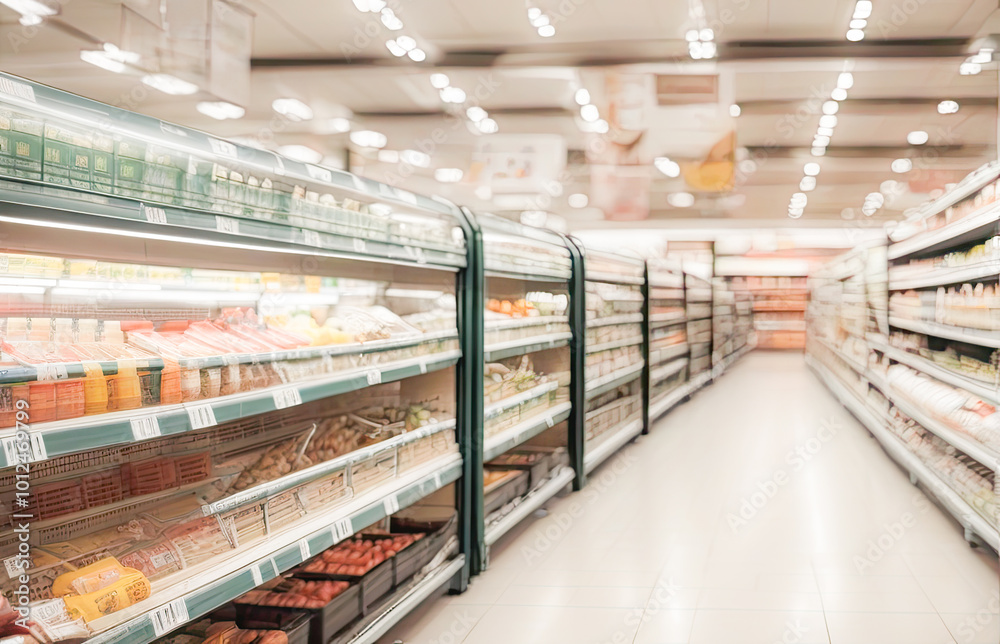 Fototapeta premium market aisle and shelves blurred background