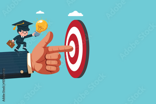 start up business concept with new ideas and targets, a new graduate carries a lamp in his big hand towards targets and ideals