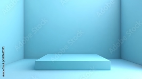 Empty blue cube stage platform for presenting new product against blue background in minimalist design. 3D render.