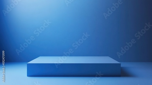 Empty blue cube stage platform for presenting new product against blue background in minimalist design. 3D render.