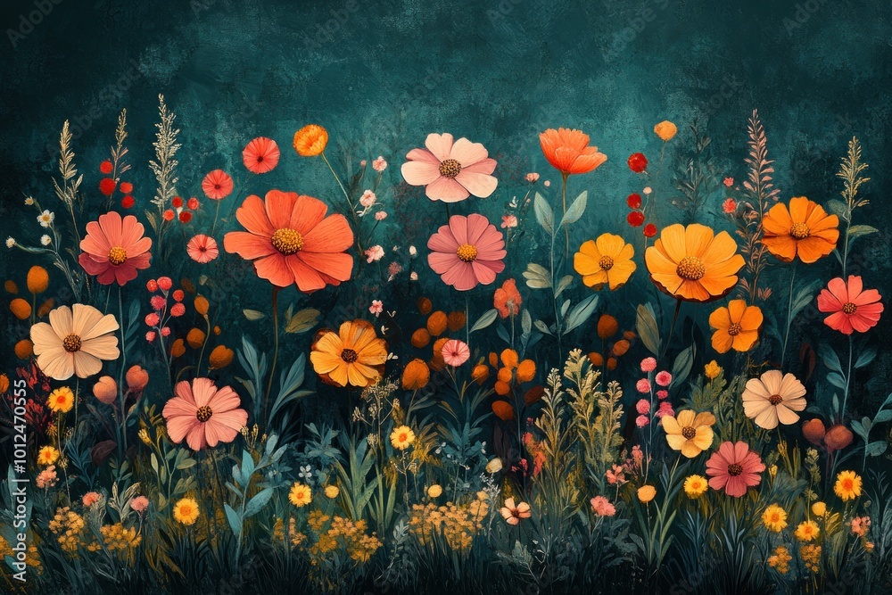 A vibrant illustration of a field of colorful wildflowers, with various shades of pink, orange, and red, set against a dark teal background. A vibrant illustration of a field of colorful wildflowers, with various shades of pink, orange, and red, set against a dark teal background.