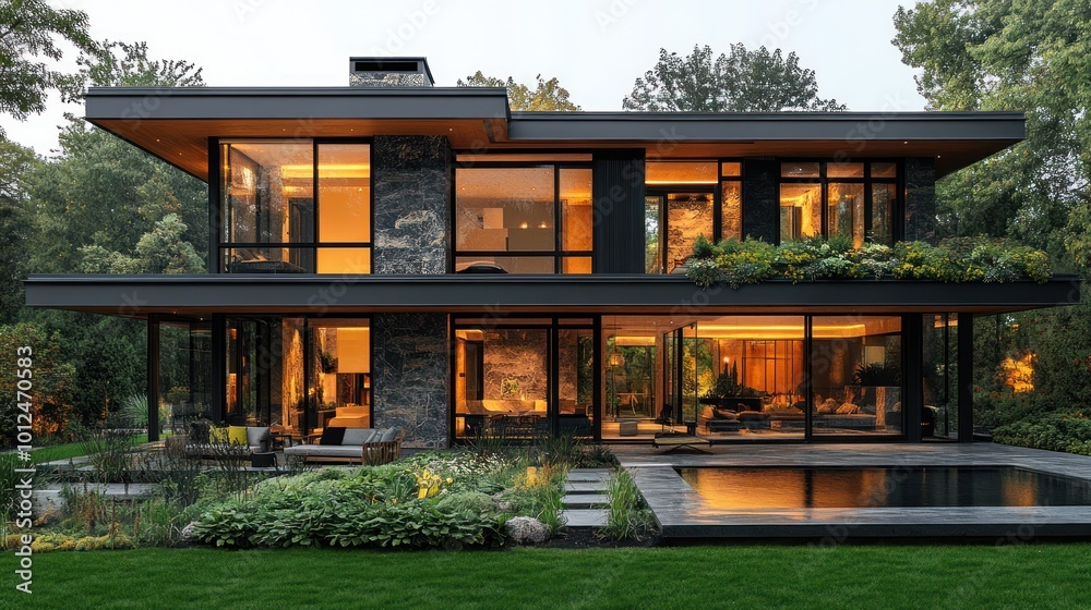 A modern two-story home with a swimming pool and large windows, lit up at dusk. A modern two-story home with a swimming pool and large windows, lit up at dusk.