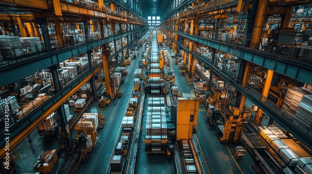 An aerial view of a large industrial warehouse with multiple levels of shelving and machinery. An aerial view of a large industrial warehouse with multiple levels of shelving and machinery.