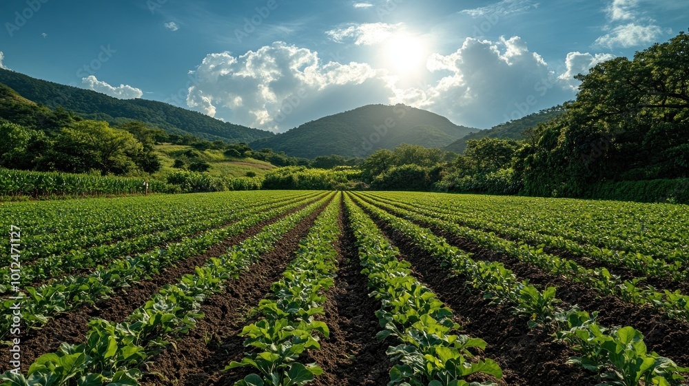 A wide shot of a field of crops with a mountain range and sun in the background. A wide shot of a field of crops with a mountain range and sun in the background.
