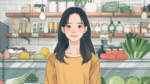 Young woman smiling in a vibrant grocery store setting