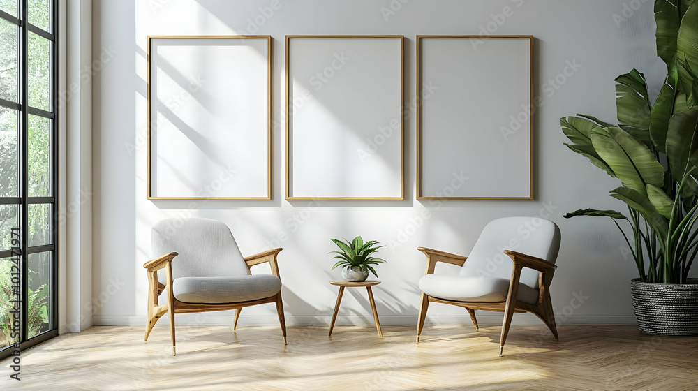 Minimalist Interior 3D Render: White Armchairs, Wood Floor, Large Window Minimalist Interior 3D Render: White Armchairs, Wood Floor, Large Window