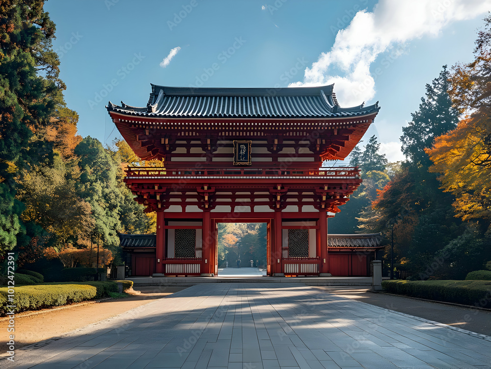 Fototapeta premium Photo of Japanese Temple Gate with Autumn Leaves