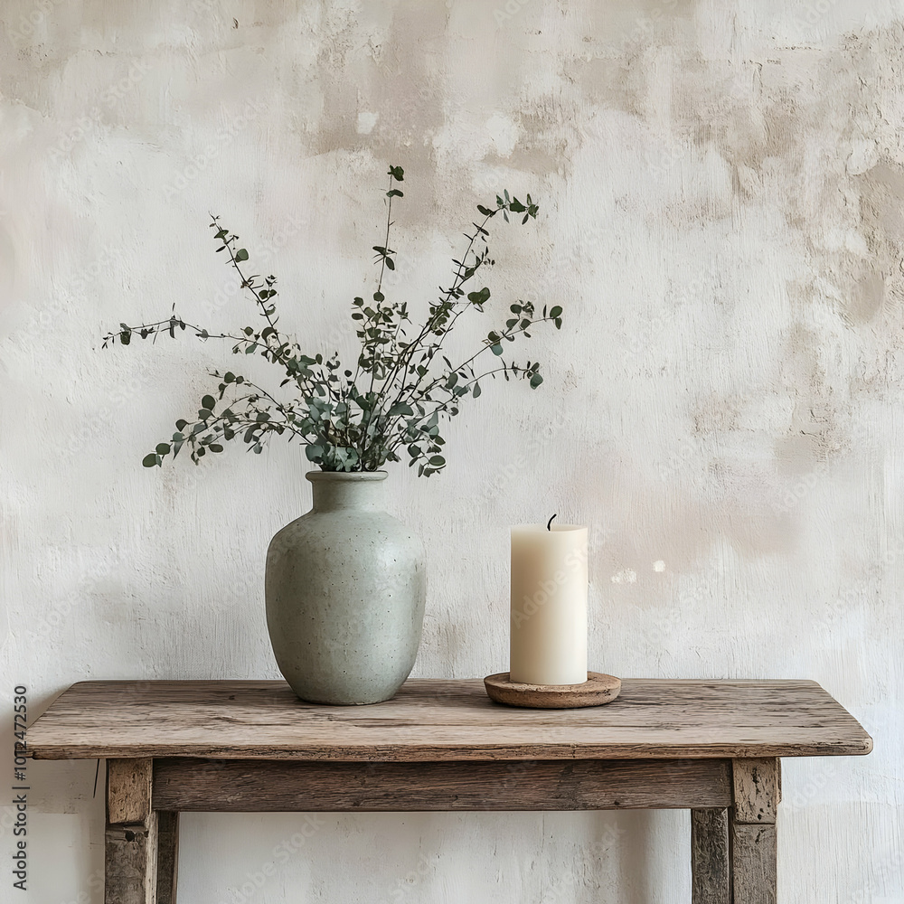 Eucalyptus Branches in Vase on Rustic Wooden Table with Candle - Photo Eucalyptus Branches in Vase on Rustic Wooden Table with Candle - Photo