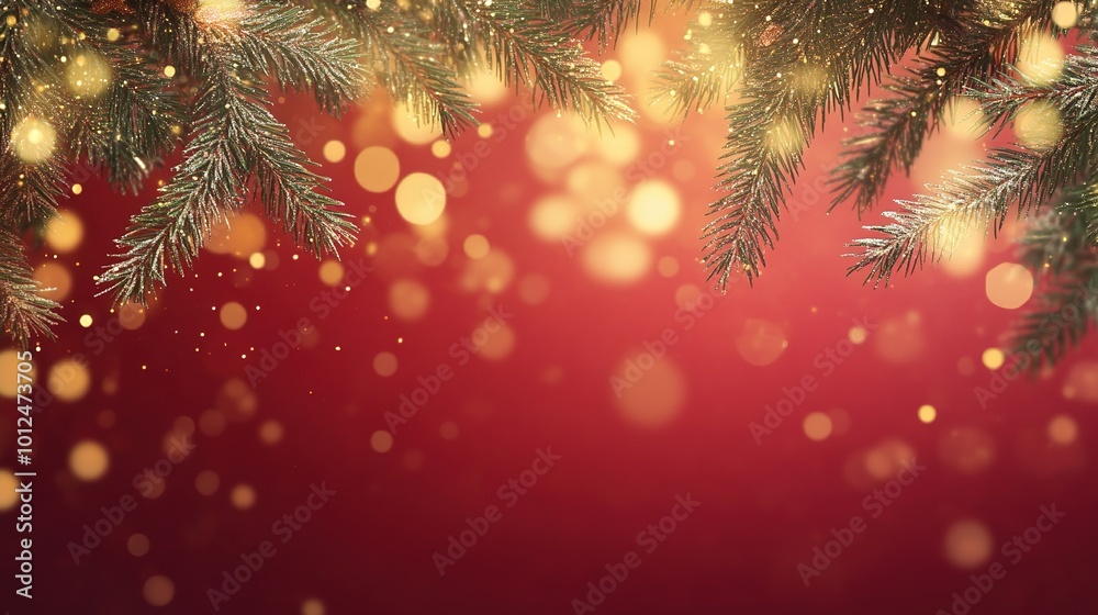 Christmas decoration border with fir branches and golden glitter confetti and sparkles of lights blur bokeh on red background. Bright Christmas and New Year design holiday frame Christmas decoration border with fir branches and golden glitter confetti and sparkles of lights blur bokeh on red background. Bright Christmas and New Year design holiday frame
