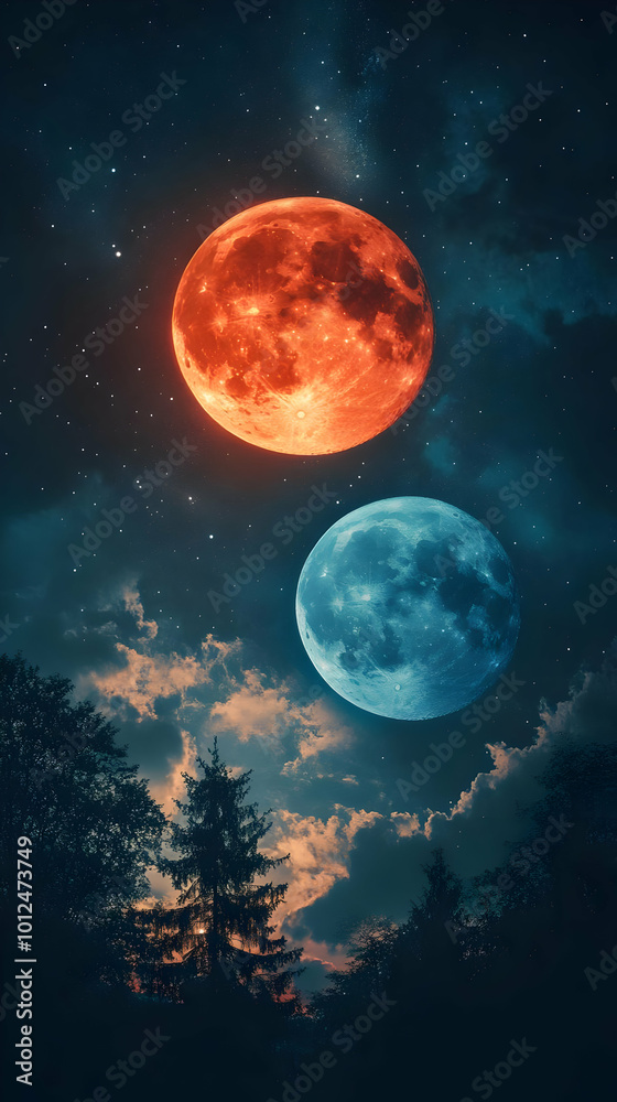 Red and Blue Moon Illustration Over Forest Silhouette Red and Blue Moon Illustration Over Forest Silhouette