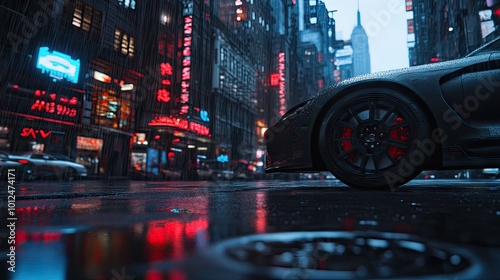 Side view of a car wheel on wet pavement as rain falls at sunset, with city lights reflecting off the slick surface, creating a dramatic urban scene. photo